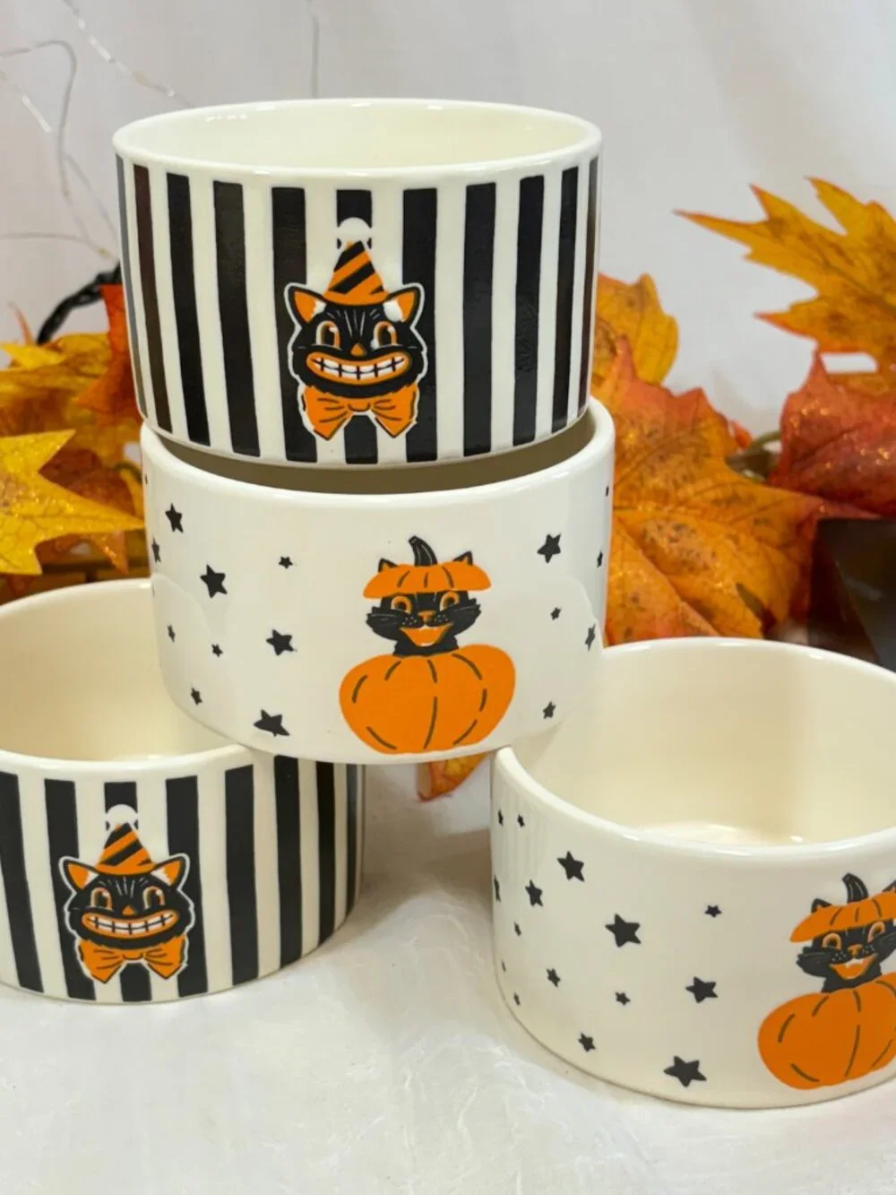 The Bakeshop Halloween Retro Vintage Style Pumpkin Cat Ramekins Candy Dish Set 4